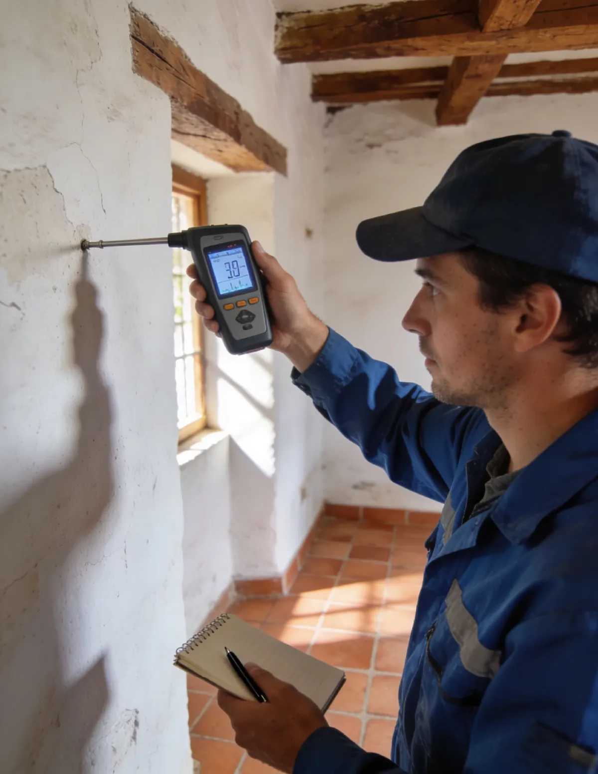 Técnico HUMIX midiendo la humedad de un muro antiguo en Seseña